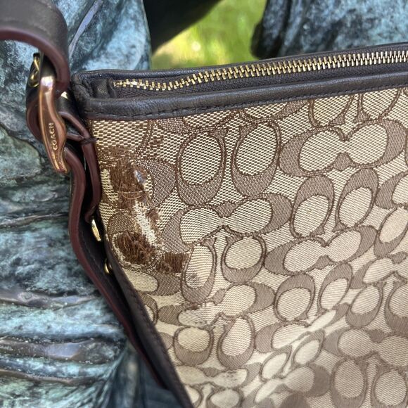 COACH Women's Signature Canvas Brown Leather Duffle Handbag Classic Design - Picture 7 of 16